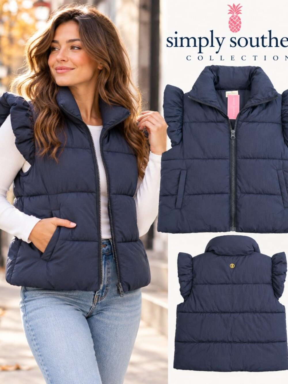 Simply Southern Women's Navy Blue Puffer Vest XL/XXL Ruffle Sleeves NWT